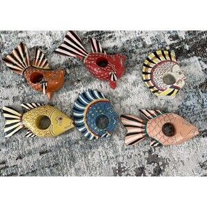 Set of 6 Wooden Hand Painted Napkin Ring Fish Tropical Island Beach Summer Ocean